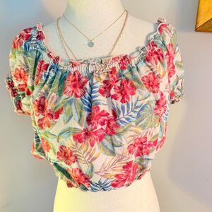 American Eagle tropical floral cotton/linen blend crop top Size S